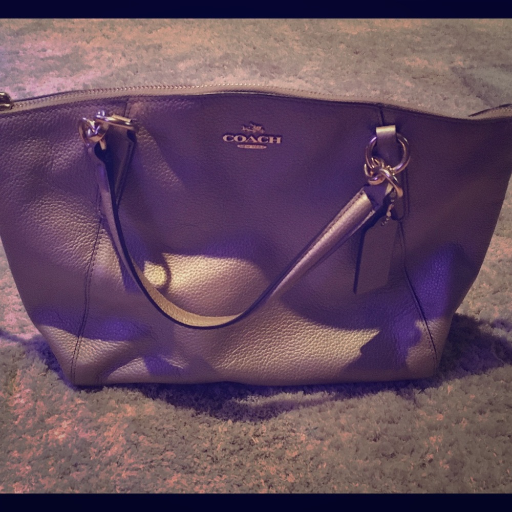 Coach Kelsey Satchel in pebbled gold leather.